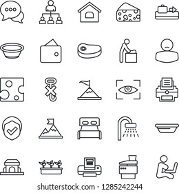 Thin Line Icon Set - baggage conveyor vector, baby room, shower, hierarchy, seedling, patient, no hook, shield, dialog, printer, copier, house, bedroom, cafe building, steak, bowl, cheese, eye scan