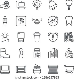 Thin Line Icon Set - baggage trolley vector, 24 around, manager, office binder, boot, pills bottle, disabled, tooth, implant, container, laptop pc, alarm, bell, brightness, fingerprint id, building