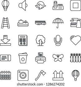 Thin Line Icon Set - baggage conveyor vector, airport bus, ticket, coffee, calendar, factory, printer, ladder, tree, butterfly, axe, heart, plane, umbrella, up side sign, speaker, microphone