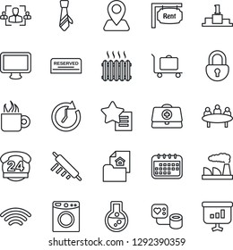 Thin Line Icon Set - baggage trolley vector, meeting, factory, doctor case, blood pressure, navigation, 24 hours, monitor, favorites list, wireless, lock, hr, tie, estate document, rent, heater