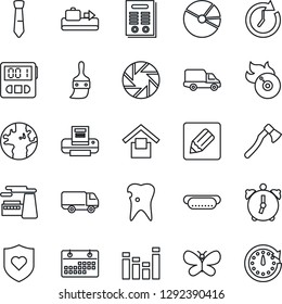 Thin Line Icon Set - baggage conveyor vector, factory, butterfly, axe, heart shield, caries, earth, car delivery, warehouse storage, flame disk, equalizer, mobile camera, themes, alarm, stopwatch