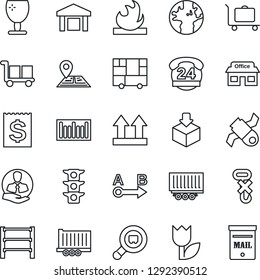 Thin Line Icon Set - baggage trolley vector, navigation, earth, store, satellite, traffic light, 24 hours, client, truck trailer, receipt, consolidated cargo, fragile, up side sign, no hook, tulip
