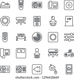 Thin Line Icon Set - baggage conveyor vector, stamp, radar, scales, gamepad, remote control, rewind, rec button, tuning, record, air conditioner, vip zone, home, intercome, app