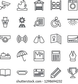 Thin Line Icon Set - baggage conveyor vector, umbrella, disabled, luggage storage, book, document search, pencil, flower in pot, lungs, flammable, scanner, calendar, calculator, ink pen, wine card