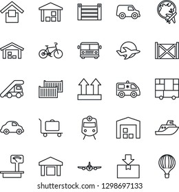 Thin Line Icon Set - baggage trolley vector, airport bus, train, ladder car, plane, globe, ambulance, bike, sea shipping, cargo container, delivery, consolidated, warehouse storage, up side sign