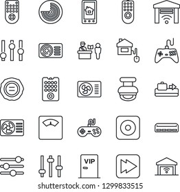 Thin Line Icon Set - baggage conveyor vector, passport control, radar, stamp, scales, gamepad, settings, remote, fast forward, rec button, tuning, air conditioner, vip zone, home, app, garage gate