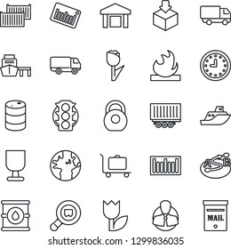 Thin Line Icon Set - baggage trolley vector, earth, traffic light, client, sea shipping, truck trailer, cargo container, car delivery, clock, port, fragile, tulip, warehouse, package, heavy, search