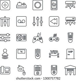 Thin Line Icon Set - baggage conveyor vector, security gate, stamp, scales, gamepad, remote control, rewind, rec button, tuning, record, air conditioner, vip zone, home, intercome, app, garage
