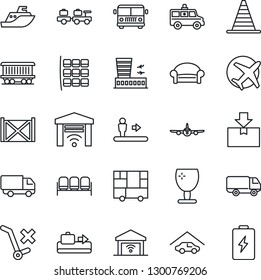 Thin Line Icon Set - baggage conveyor vector, airport bus, escalator, waiting area, larry, border cone, plane, seat map, building, ambulance car, railroad, sea shipping, delivery, container, fragile