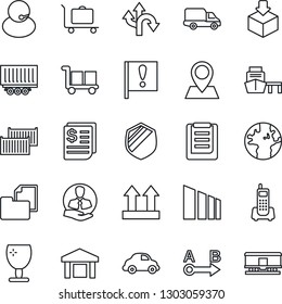 Thin Line Icon Set - baggage trolley vector, route, earth, pin, important flag, office phone, support, client, truck trailer, cargo container, car delivery, receipt, sea port, clipboard, fragile