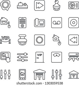 Thin Line Icon Set - baggage conveyor vector, stamp, scales, settings, fast forward, rewind, rec button, tuning, record, air conditioner, vip zone, home control, remote, intercome, app, garage gate