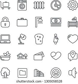 Thin Line Icon Set - baggage trolley vector, washer, gear, case, circle chart, tree, pregnancy, cash, mobile tracking, laptop pc, heart, folder, desk lamp, house with, office building, estate search