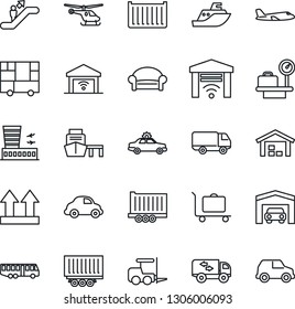 Thin Line Icon Set - baggage trolley vector, airport bus, escalator, waiting area, alarm car, fork loader, plane, helicopter, luggage scales, building, sea shipping, truck trailer, cargo container