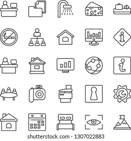 Thin Line Icon Set - baggage conveyor vector, no smoking, female, shower, hierarchy, meeting, manager place, statistic monitor, house, folder document, camera, network, calendar, root setup, copier
