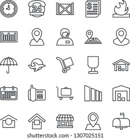 Thin Line Icon Set - baggage trolley vector, navigation, pin, store, plane, office phone, 24 hours, support, clock, term, receipt, container, fragile, cargo, umbrella, warehouse storage, sorting