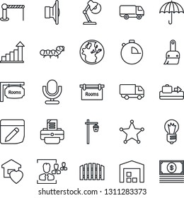 Thin Line Icon Set - baggage conveyor vector, barrier, growth statistic, bulb, printer, garden light, caterpillar, car delivery, umbrella, speaker, microphone, themes, stopwatch, notes, hr, fence