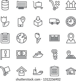 Thin Line Icon Set - baggage trolley vector, navigation, earth, pin, important flag, cash, mobile tracking, sea shipping, truck trailer, car delivery, clock, clipboard, cargo, warehouse storage, no