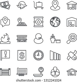 Thin Line Icon Set - baggage trolley vector, navigation, earth, pin, railroad, important flag, plane, satellite, cash, support, client, mobile tracking, truck trailer, clock, receipt, sea port