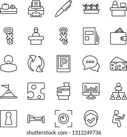 Thin Line Icon Set - baggage conveyor vector, parking, female, reception, bed, hierarchy, pen, manager place, statistic monitor, seedling, patient, no hook, shield, dialog, update, news, printer