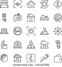 Thin Line Icon Set - baggage conveyor vector, no smoking, baby room, reception, hierarchy, pen, house, hook, shield, camera, root setup, update, bedroom, cafe building, eye scan, information, wallet