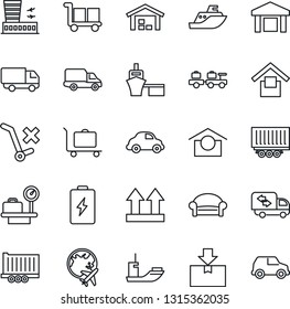 Thin Line Icon Set - baggage trolley vector, waiting area, larry, luggage scales, plane globe, airport building, sea shipping, truck trailer, car delivery, port, cargo, warehouse storage, no, moving