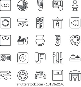 Thin Line Icon Set - baggage conveyor vector, passport control, security gate, stamp, radar, scales, settings, remote, rewind, rec button, tuning, record, air conditioner, vip zone, intercome