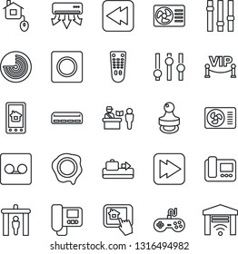 Thin Line Icon Set - baggage conveyor vector, passport control, security gate, radar, stamp, gamepad, settings, remote, fast forward, rewind, record, air conditioner, vip zone, home, intercome, app