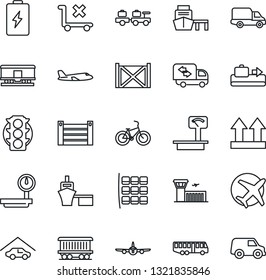 Thin Line Icon Set - baggage conveyor vector, airport bus, larry, plane, seat map, building, bike, railroad, traffic light, car delivery, sea port, container, up side sign, no trolley, heavy scales