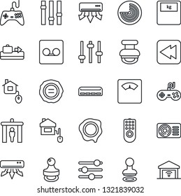 Thin Line Icon Set - baggage conveyor vector, security gate, stamp, radar, scales, gamepad, settings, rewind, tuning, record, air conditioner, home control, remote, garage