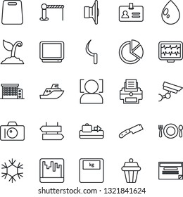 Thin Line Icon Set - baggage conveyor vector, barrier, signpost, identity, camera, sproute, water drop, sickle, monitor pulse, scales, sea shipping, speaker, tv, scanner, face id, pie graph, printer