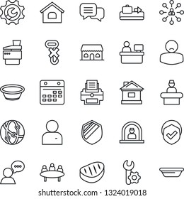 Thin Line Icon Set - baggage conveyor vector, reception, hierarchy, meeting, manager place, house, patient, no hook, shield, network, dialog, speaker, user, calendar, root setup, printer, copier