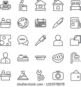 Thin Line Icon Set - baggage conveyor vector, baby room, shower, pen, manager place, house, term, folder document, camera, network, dialog, user, root setup, news, printer, bedroom, steak, bowl