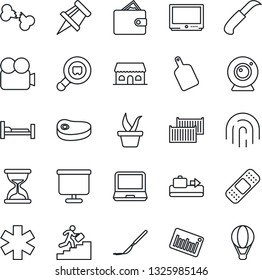 Thin Line Icon Set - baggage conveyor vector, seedling, garden knife, scalpel, patch, ambulance star, hospital bed, broken bone, cargo container, search, barcode, tv, video camera, laptop pc, steak