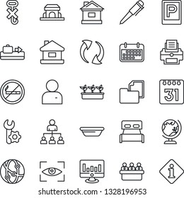 Thin Line Icon Set - baggage conveyor vector, parking, no smoking, globe, hierarchy, pen, meeting, statistic monitor, house, seedling, term, folder document, hook, network, update, user, calendar