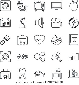 Thin Line Icon Set - baggage larry vector, pedestal, heart pulse, caries, diet, satellite, tv, video camera, monitor, mobile, torch, charge, bar graph, house with garage, warehouse, children room