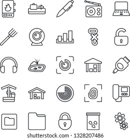 Thin Line Icon Set - baggage conveyor vector, radar, lock, pen, notebook pc, farm fork, well, seeds, no hook, warehouse, sorting, radio, headphones, hdmi, folder, eye id, pond, fingerprint, gear
