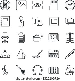 Thin Line Icon Set - baggage trolley vector, no mobile, contract, book, calendar, rake, monitor pulse, headphones, battery, gallery, sd, folder, copybook, clock, hierarchy, pen, fence, waiter