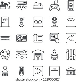 Thin Line Icon Set - baggage conveyor vector, passport control, stamp, scales, gamepad, settings, remote, fast forward, rewind, tuning, record, air conditioner, vip zone, intercome, home app