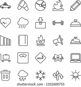 Thin Line Icon Set - baggage trolley vector, smoking place, alarm car, notepad, pencil, fire, rain, heart pulse, scales, pills, barbell, route, package, sorting, flammable, loudspeaker, laptop pc