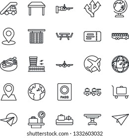 Thin Line Icon Set - baggage conveyor vector, trolley, airport bus, ticket, passport, globe, larry, ladder car, plane, boarding, flight table, luggage scales, building, picnic, route, earth, pin