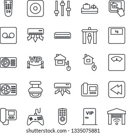 Thin Line Icon Set - baggage conveyor vector, security gate, scales, gamepad, remote control, rewind, rec button, tuning, record, stamp, air conditioner, vip zone, home, intercome, app, garage