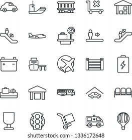 Thin Line Icon Set - baggage conveyor vector, airport bus, escalator, waiting area, plane, luggage scales, ambulance car, railroad, traffic light, sea shipping, delivery, port, container, fragile