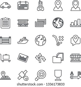 Thin Line Icon Set - baggage trolley vector, route, navigation, earth, pin, railroad, store, satellite, office phone, mobile tracking, sea shipping, cargo container, car delivery, term, clipboard