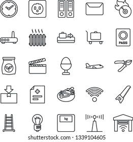 Thin Line Icon Set - baggage conveyor vector, trolley, passport, plane, office binder, bulb, ladder, pruner, saw, fertilizer, diagnosis, scales, package, route, clapboard, flame disk, antenna, clock