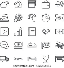Thin Line Icon Set - baggage conveyor vector, automatic door, umbrella, bed, plane, growth statistic, factory, cash, car delivery, fragile, barcode, dialog, play button, stopwatch, copybook, hr
