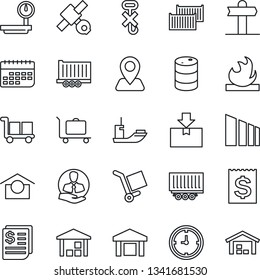 Thin Line Icon Set - baggage trolley vector, signpost, navigation, satellite, client, sea shipping, truck trailer, cargo container, clock, term, receipt, warehouse storage, no hook, package, sorting