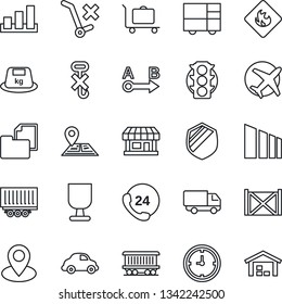 Thin Line Icon Set - baggage trolley vector, navigation, pin, railroad, store, plane, traffic light, 24 hours, truck trailer, car delivery, clock, container, consolidated cargo, folder document, no