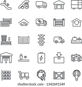 Thin Line Icon Set - baggage conveyor vector, escalator, ladder car, seat map, plane globe, airport building, ambulance, traffic light, cargo container, delivery, consolidated, warehouse storage