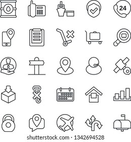 Thin Line Icon Set - baggage trolley vector, route, signpost, pin, plane, satellite, office phone, 24 hours, support, client, mobile tracking, term, sea port, clipboard, warehouse storage, no, hook