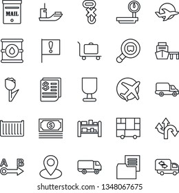Thin Line Icon Set - baggage trolley vector, route, pin, important flag, plane, cash, sea shipping, cargo container, car delivery, receipt, port, consolidated, folder document, fragile, no hook